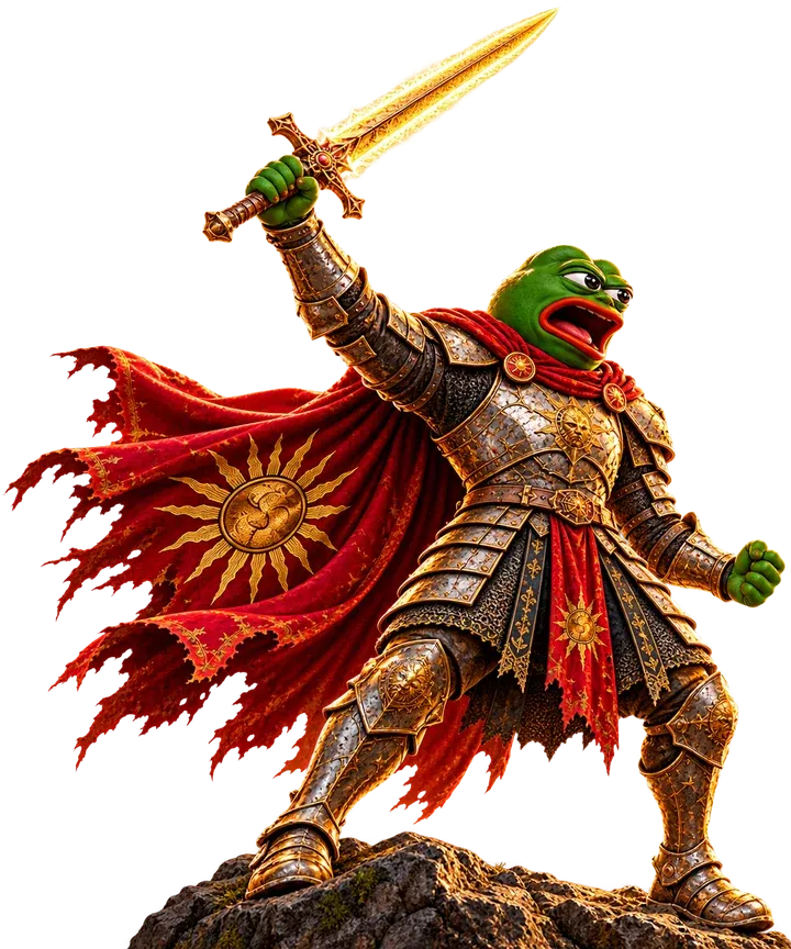 Pepe roaring on a rock with his glowing sword raised