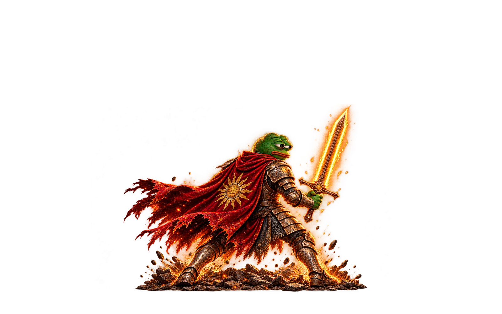 Pepe in battle-worn armour and a burning red cape, gripping a glowing sword as a cavalry charge thunders toward him