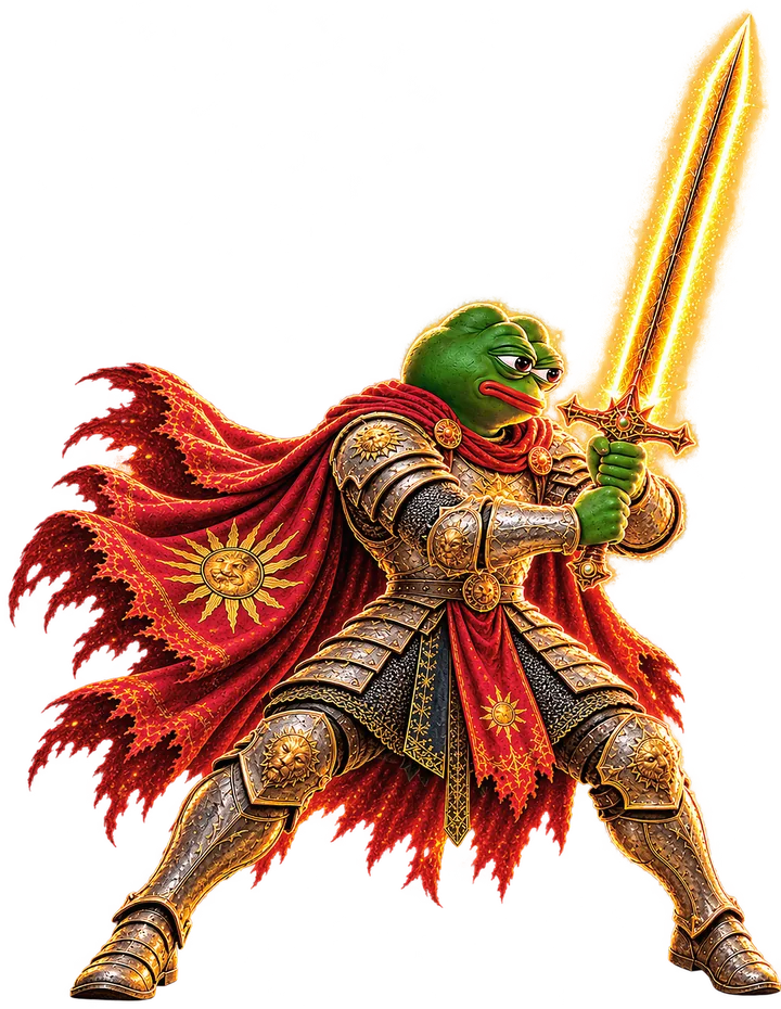Pepe in a wide fighting stance, gripping a burning sword with both hands