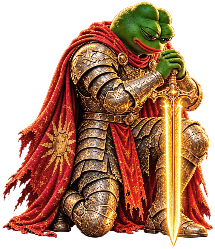 Pepe kneeling in armour, both hands folded on the hilt of a glowing sword