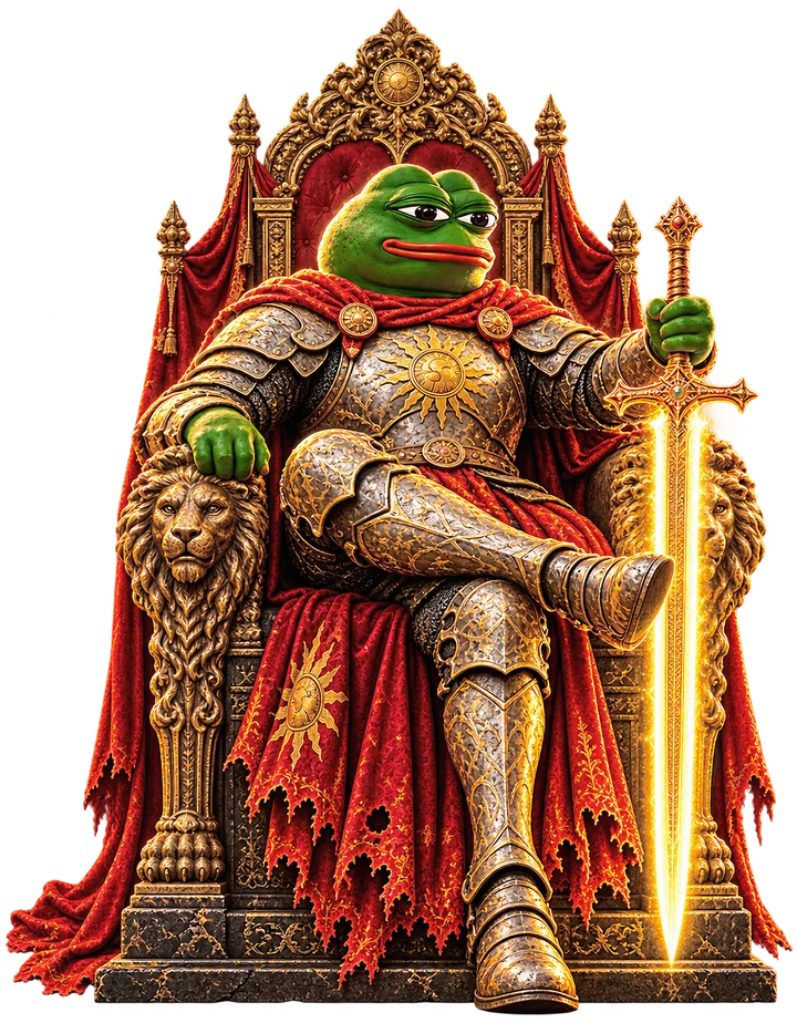 Pepe seated on a carved lion throne, one hand on a glowing sword