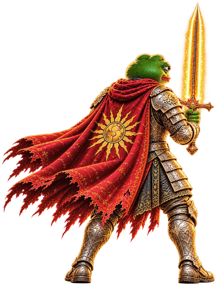 Pepe seen from behind, sword raised, his sun-marked cape torn by the wind