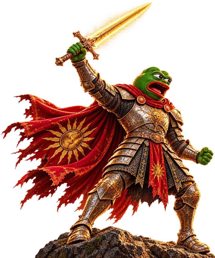 Pepe on a rock, roaring with his sword raised to the sky